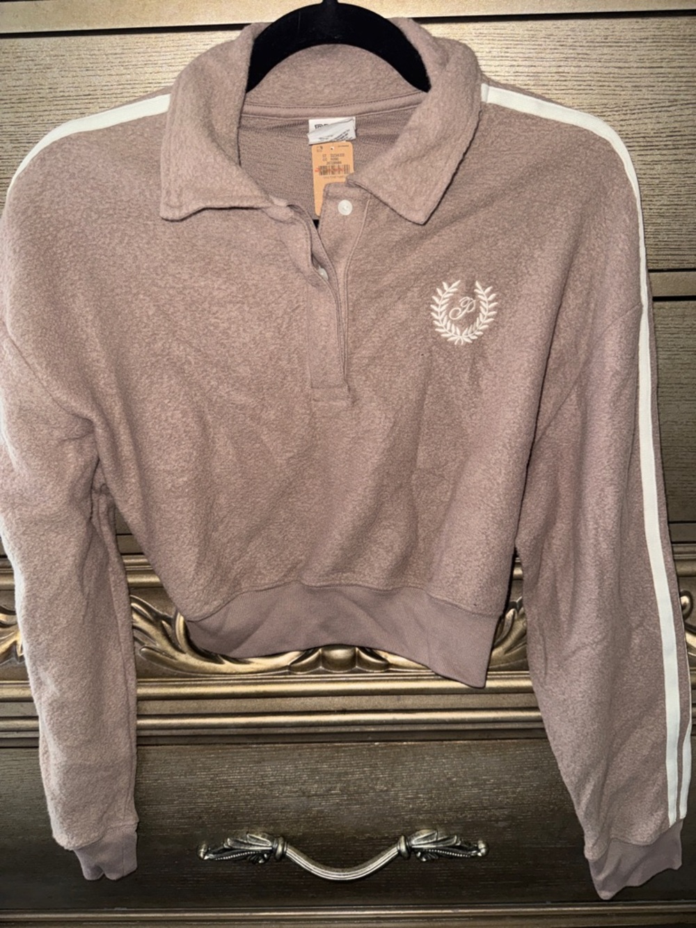 PINK Victoria's Secret Cropped Taupe Polo Sweatshirt with White Stripes